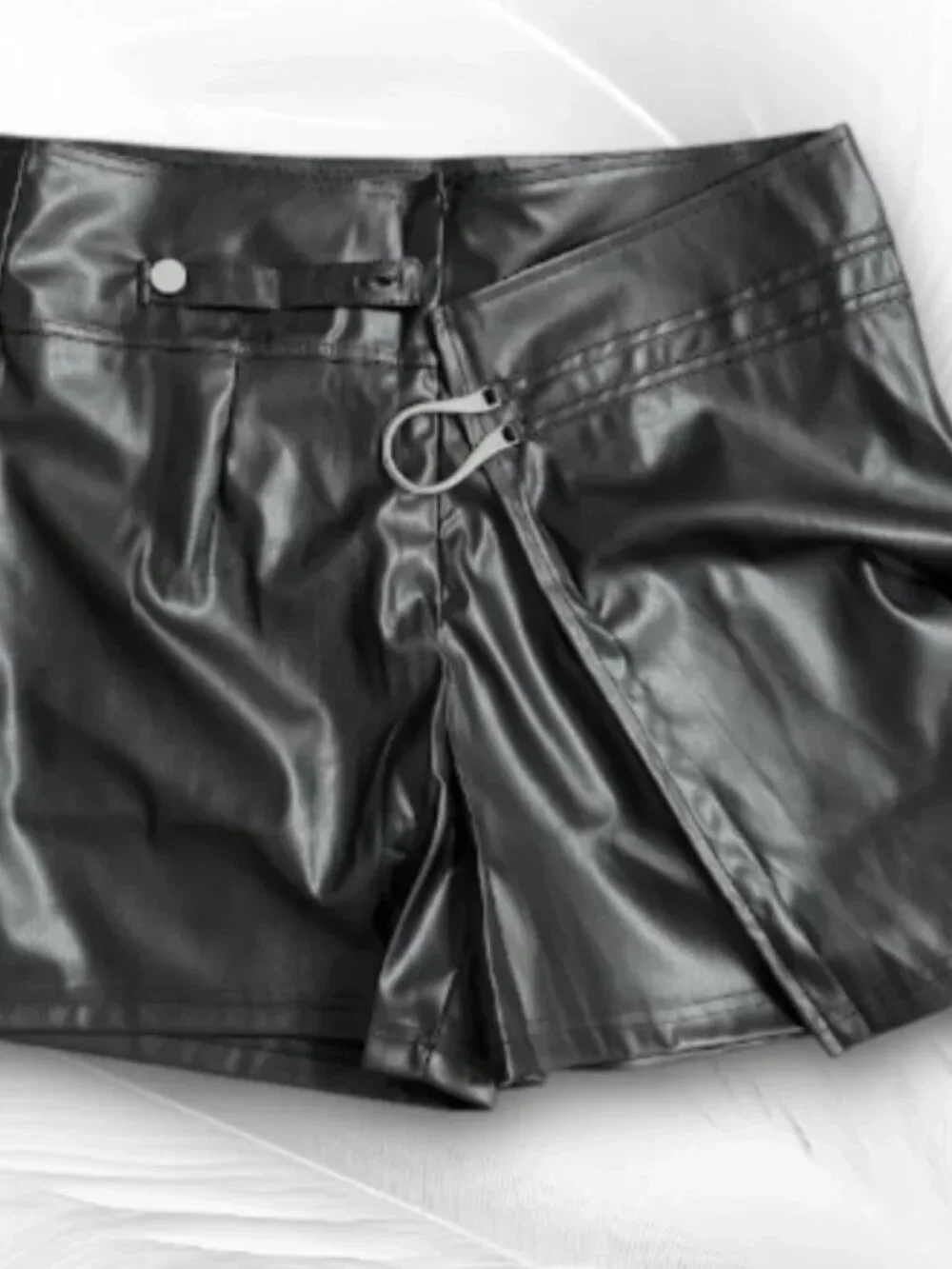Black Faux Leather High Waist Wrap Skort Skirt Shorts D-Ring Buckle Size L